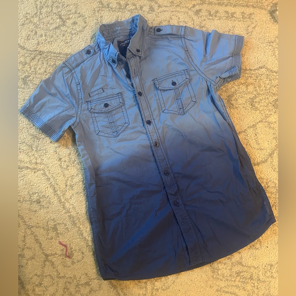 Royal Premium Indigo Men's Casual Blue Ombre Button Down SS Shirt Tie Dye Small